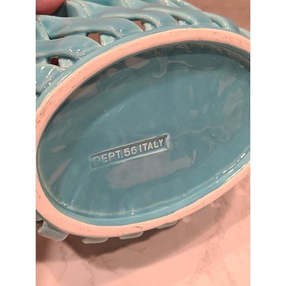 Dept. 56 Ceramic Woven Basket Turquoise Vintage Made In Italy 9" x 6" x 6.25" - Picture 9 of 9